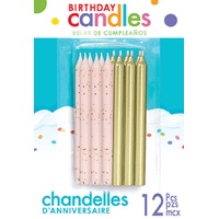 Mixed Pink Glitter & Metallic Gold Candles - 12 Pk