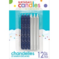 Mixed Blue Glitter & Metallic Silver Candles - 12 Pk