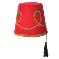 Arabian Fez Hat - Red with Braid & Jewel Trim