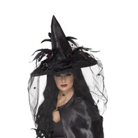 Deluxe Witch Hat - Black Feathers & Netting