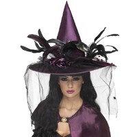 Deluxe Witch Hat - Purple Feathers & Netting