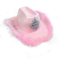 Cowboy Hat - Pink with Crystals & Faux Fur Trim