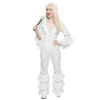 Abba 1970s Disco White Frill Jumpsuit 1 Hire Costume*