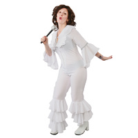 Abba 1970s Disco White Frill Jumpsuit 2 Hire Costume*
