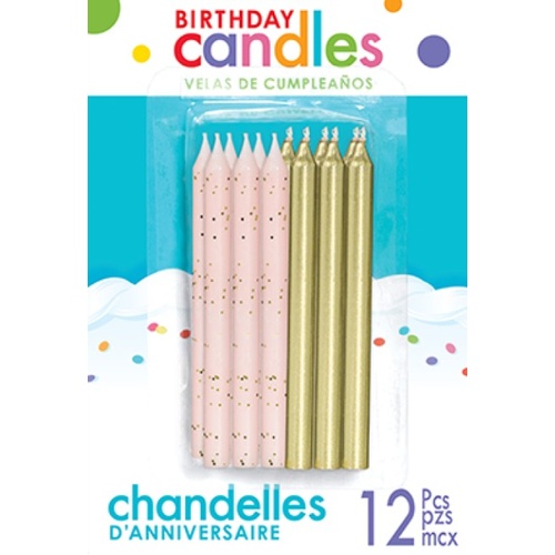 Mixed Pink Glitter & Metallic Gold Candles - 12 Pk