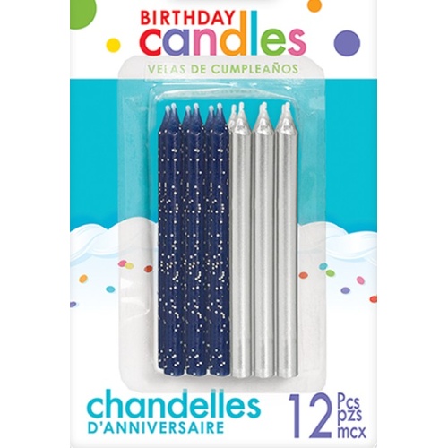 Mixed Blue Glitter & Metallic Silver Candles - 12 Pk