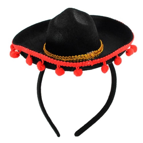 Mini Sombrero Headband with Red Pom Poms