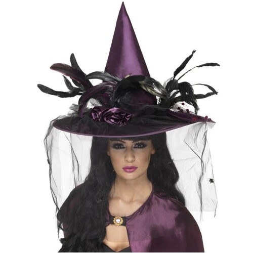 Deluxe Witch Hat - Purple Feathers & Netting
