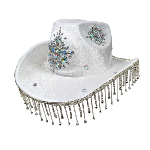 Deluxe Cowboy Hat - White with Crystals & Diamonte Trim