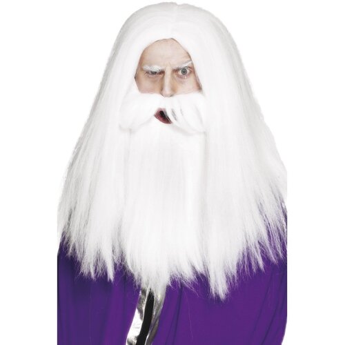 Wizard Style Wig & Beard - White
