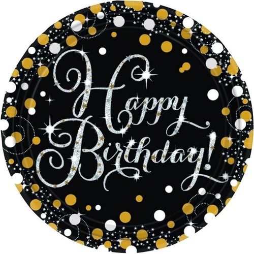 Paper Plates 23cm Round 8 Pk - Sparkling Celebration Happy Birthday