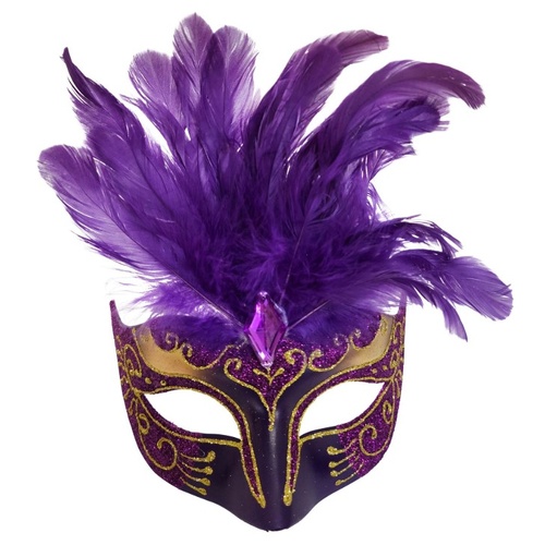 Purple & Gold Feathered Masquerade Eye Mask