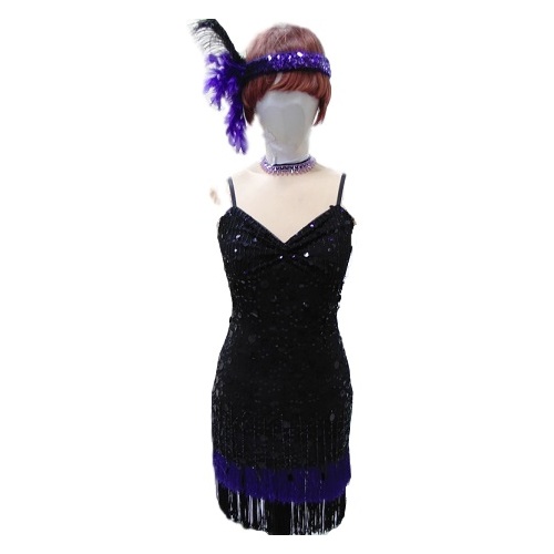 Flapper Dress - Black Sequin & Purple-Fringe Hire Costume*