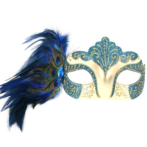 Burlesque Peacock Blue Feathered Masquerade Eye Mask